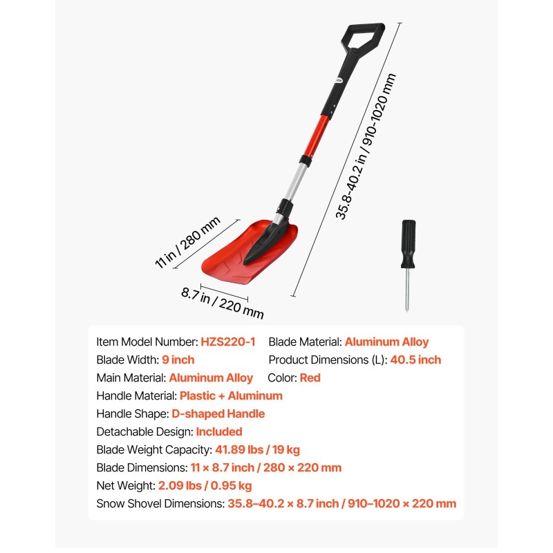 Taittuva alumiiniseoksinen lumilapio säädettävällä varrella D-muotoinen kahva