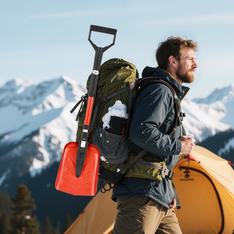 Taittuva alumiiniseoksinen lumilapio säädettävällä varrella D-muotoinen kahva