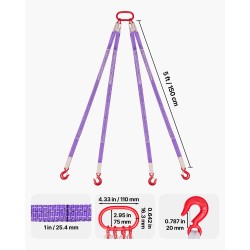 Neljän haaran polyesterinostoliina kolmen tonnin enimmäistyökuorma teräsrenkaalla koukuilla turvasalvoilla