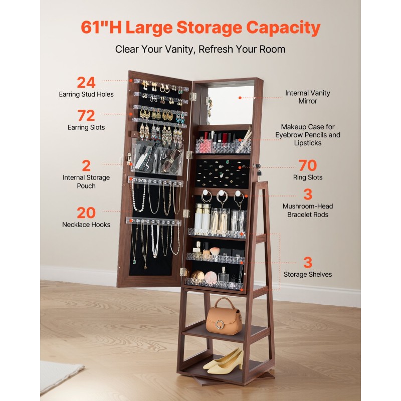 Korukaappi MDF lasi sametti 360 asteen kääntyvä kokopeilillä lukittava 1550 mm