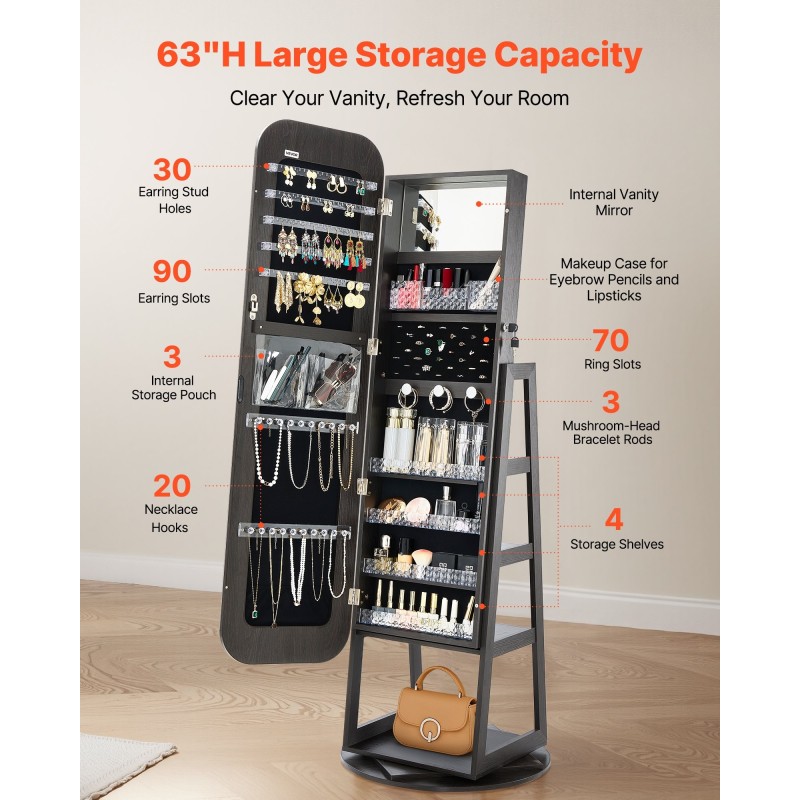 360 asteen kääntyvä korukaappi täyspitkällä peilillä MDF sametti lukittava ovi 160 cm