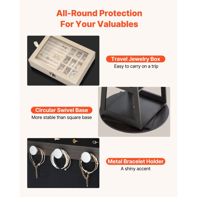 360 asteen kääntyvä korukaappi täyspitkällä peilillä MDF sametti lukittava ovi 160 cm