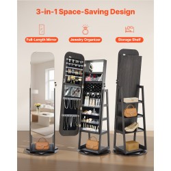 360 asteen kääntyvä korukaappi täyspitkällä peilillä MDF sametti lukittava ovi 160 cm