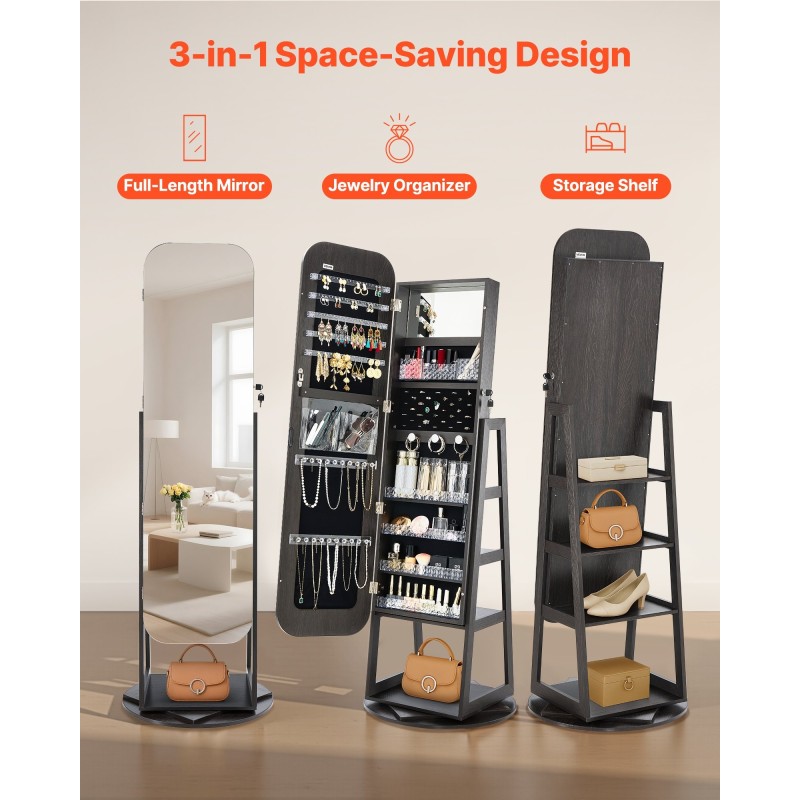 360 asteen kääntyvä korukaappi täyspitkällä peilillä MDF sametti lukittava ovi 160 cm