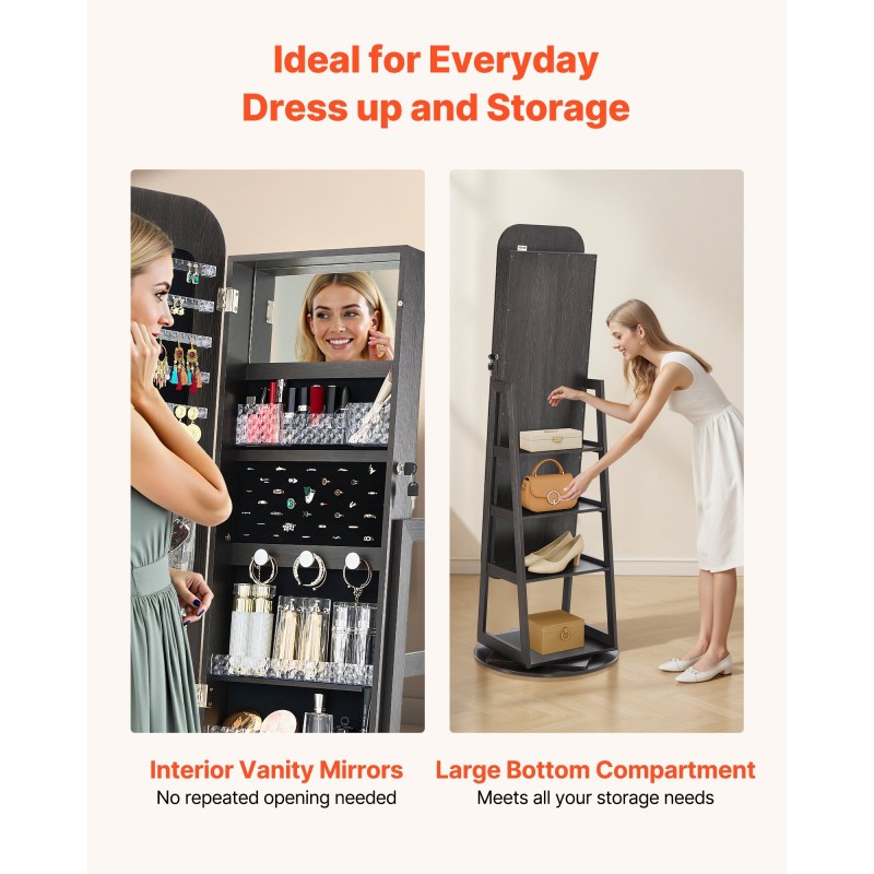 360 asteen kääntyvä korukaappi täyspitkällä peilillä MDF sametti lukittava ovi 160 cm