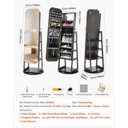 360 asteen kääntyvä korukaappi täyspitkällä peilillä MDF sametti lukittava ovi 160 cm