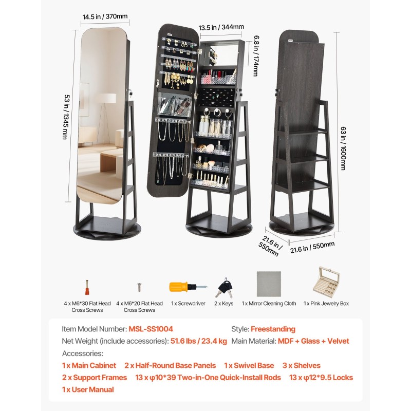 360 asteen kääntyvä korukaappi täyspitkällä peilillä MDF sametti lukittava ovi 160 cm