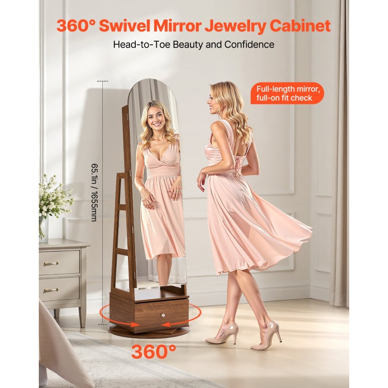 Korukaappi 360 asteen kääntyvä vapaasti seisova lasipeili samettivuori 1655 mm