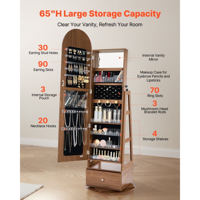 Korukaappi 360 asteen kääntyvä vapaasti seisova lasipeili samettivuori 1655 mm