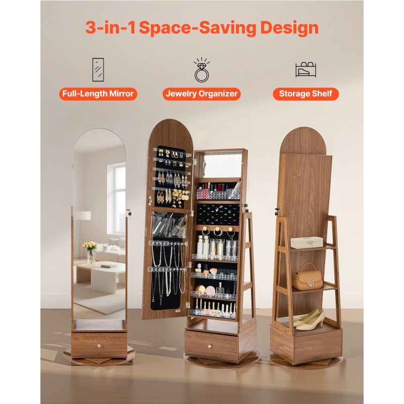 Korukaappi 360 asteen kääntyvä vapaasti seisova lasipeili samettivuori 1655 mm