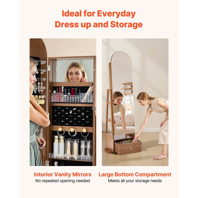 Korukaappi 360 asteen kääntyvä vapaasti seisova lasipeili samettivuori 1655 mm