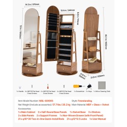 Korukaappi 360 asteen kääntyvä vapaasti seisova lasipeili samettivuori 1655 mm