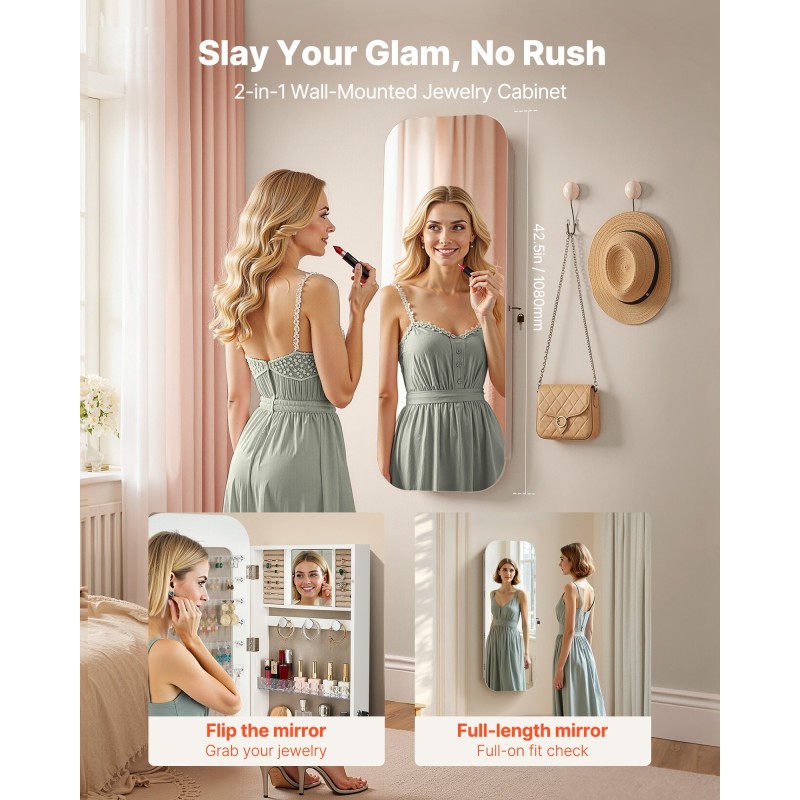 Korukaappi peilillä valkoinen 1080 mm korkea lukittava seinälle asennettava