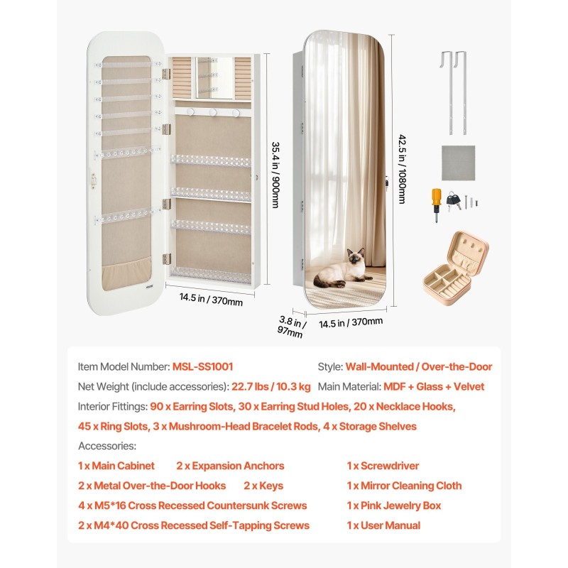 Korukaappi peilillä valkoinen 1080 mm korkea lukittava seinälle asennettava