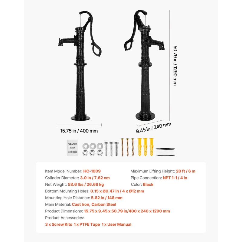 Käsikäyttöinen kaivopumppu valurautarunko hiiliteräsosat 6 metrin nostokorkeus mökille