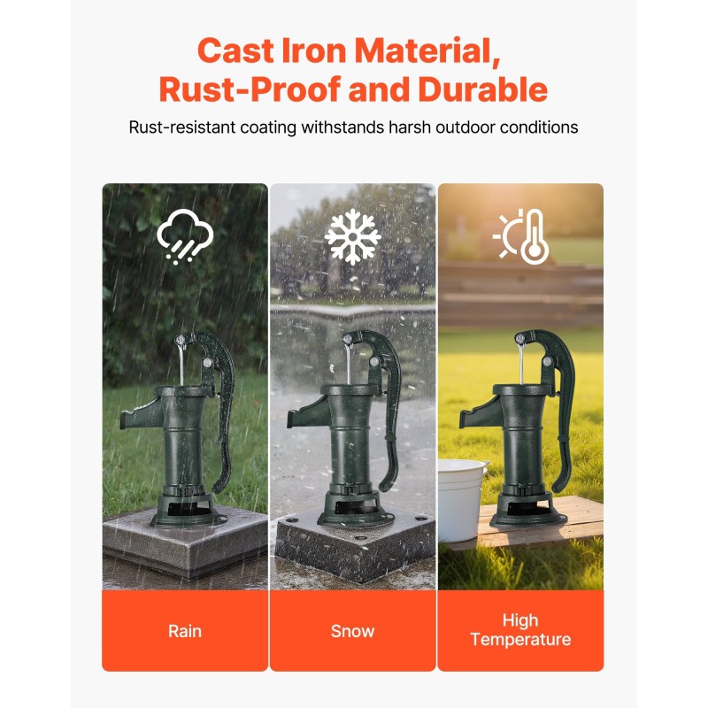 Käsikäyttöinen kaivopumppu valurauta hiiliteräs runko 7,6 m nostokorkeus vihreä