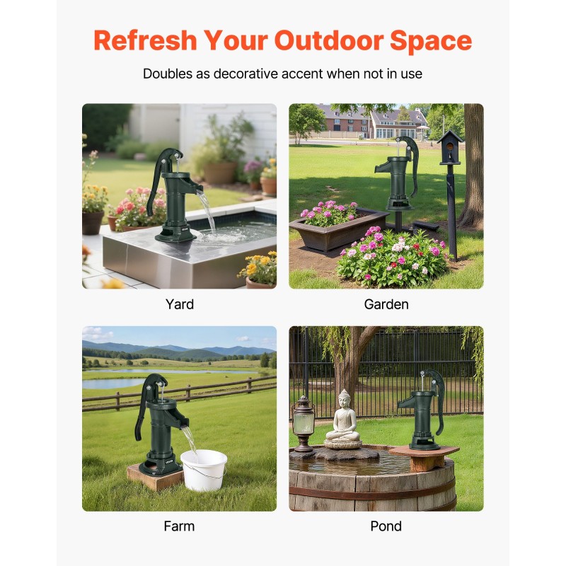 Käsikäyttöinen kaivopumppu valurauta hiiliteräs runko 7,6 m nostokorkeus vihreä