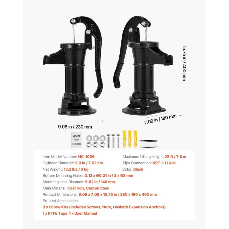 Käsikäyttöinen kaivopumppu valurauta ja hiiliteräs 7,6 m nostokorkeus koukulla