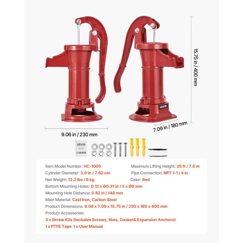 Käsikäyttöinen kaivopumppu valurauta ja hiiliteräsrakenne 7,6 m nostokorkeus ei sähköä