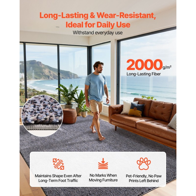 Pitkäkarvainen sisämatto 2,44 x 3,05 m liukumaton pohja tiheä pehmeä nukka