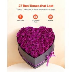 Säilytetyt aidot ruusut 27 kappaletta sydämenmuotoisessa kartonkilaatikossa syvä violetti