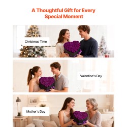 Säilytetyt aidot ruusut 27 kappaletta sydämenmuotoisessa kartonkilaatikossa syvä violetti