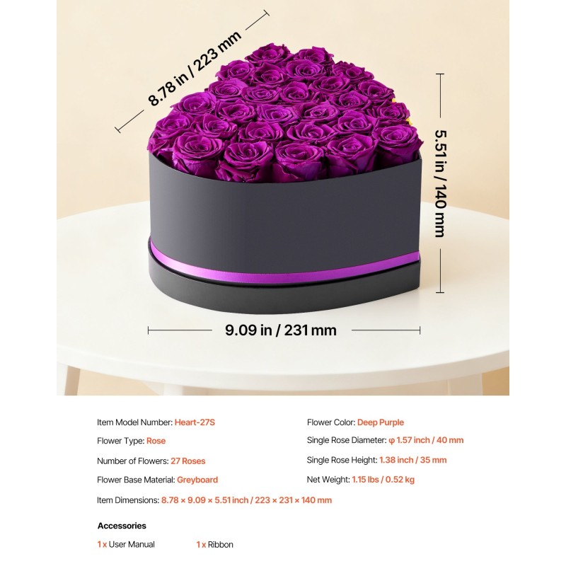 Säilytetyt aidot ruusut 27 kappaletta sydämenmuotoisessa kartonkilaatikossa syvä violetti