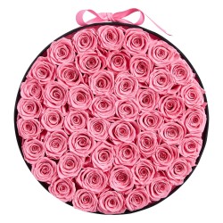 Säilötyt aidot ruusut 50 kpl pyöreässä lahjarasiassa vaaleanpunaisina