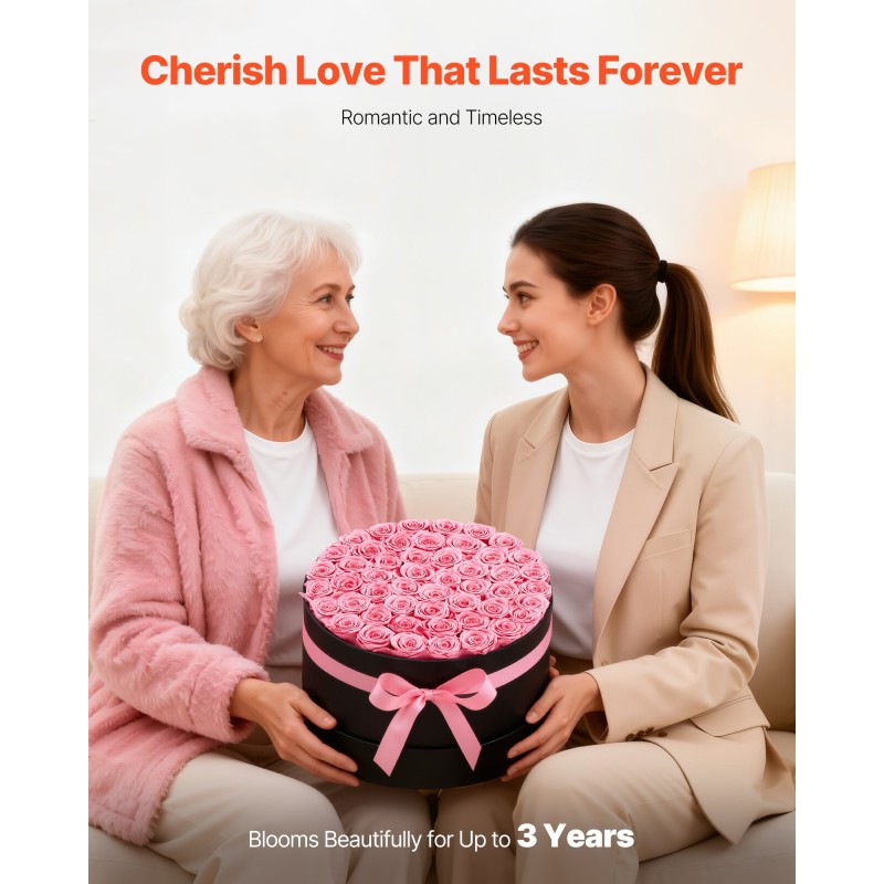 Säilötyt aidot ruusut 50 kpl pyöreässä lahjarasiassa vaaleanpunaisina