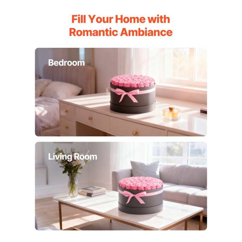 Säilötyt aidot ruusut 50 kpl pyöreässä lahjarasiassa vaaleanpunaisina