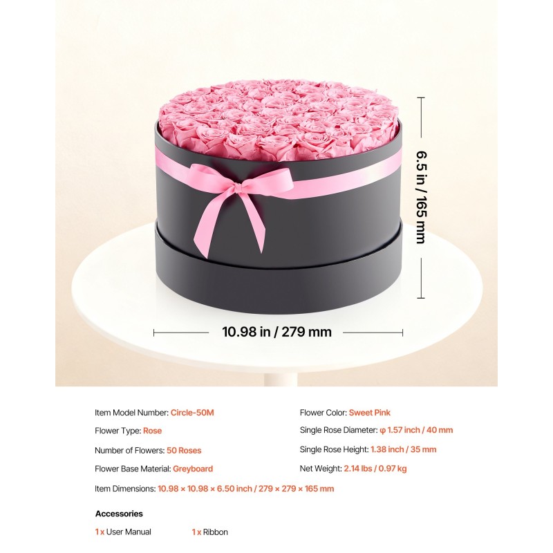 Säilötyt aidot ruusut 50 kpl pyöreässä lahjarasiassa vaaleanpunaisina