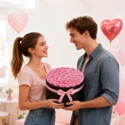 Säilötyt aidot ruusut 50 kpl pyöreässä lahjarasiassa vaaleanpunaisina