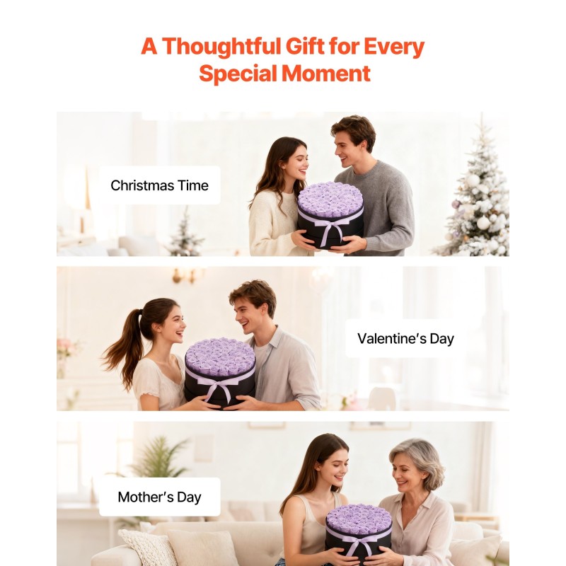 Säilötyt aidot ruusut 50 kpl pehmeän violetti pyöreä lahjarasia