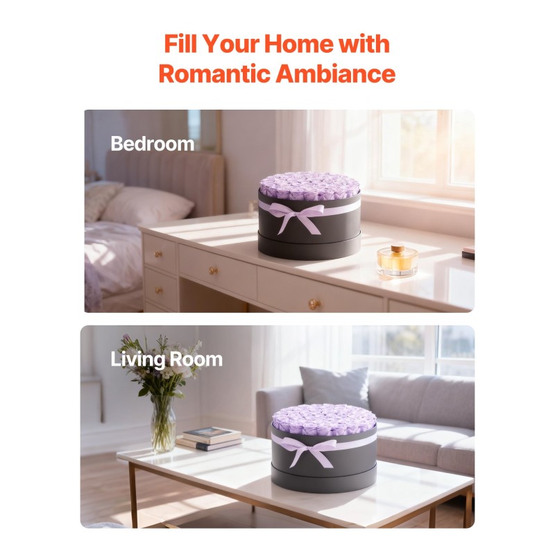 Säilötyt aidot ruusut 50 kpl pehmeän violetti pyöreä lahjarasia