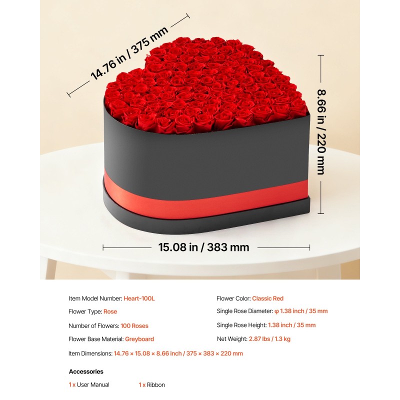 Säilytetyt ruusut 100 kpl sydämenmuotoisessa rasiassa kartonkia 40 mm