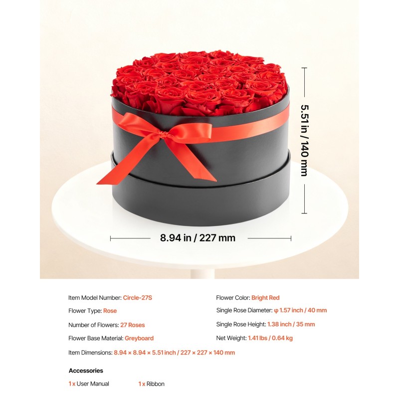 Säilötyt aidot ruusut pyöreässä lahjapakkauksessa 27 kpl kirkkaanpunaiset
