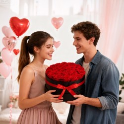 Säilötyt aidot ruusut pyöreässä lahjapakkauksessa 27 kpl kirkkaanpunaiset