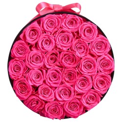 Säilötyt ruusut 27 kappaletta pyöreässä kartonkilaatikossa ruusunpunainen lahjarasia