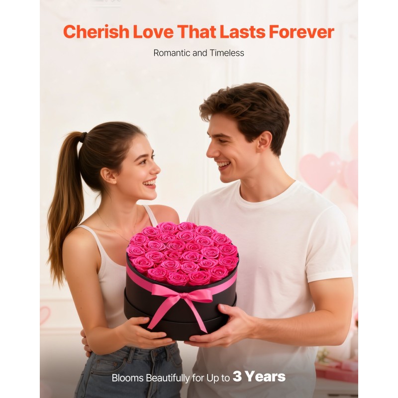 Säilötyt ruusut 27 kappaletta pyöreässä kartonkilaatikossa ruusunpunainen lahjarasia