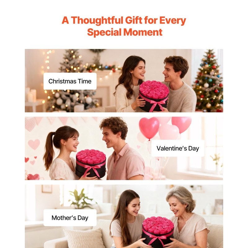 Säilötyt ruusut 27 kappaletta pyöreässä kartonkilaatikossa ruusunpunainen lahjarasia