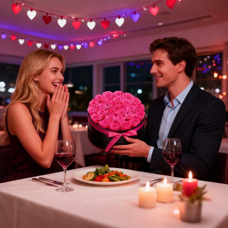 Säilötyt ruusut 27 kappaletta pyöreässä kartonkilaatikossa ruusunpunainen lahjarasia