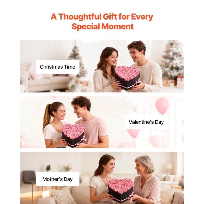 Sydämenmuotoinen pahvilaatikko 27 säilöttyä vaaleanpunaista ruusua