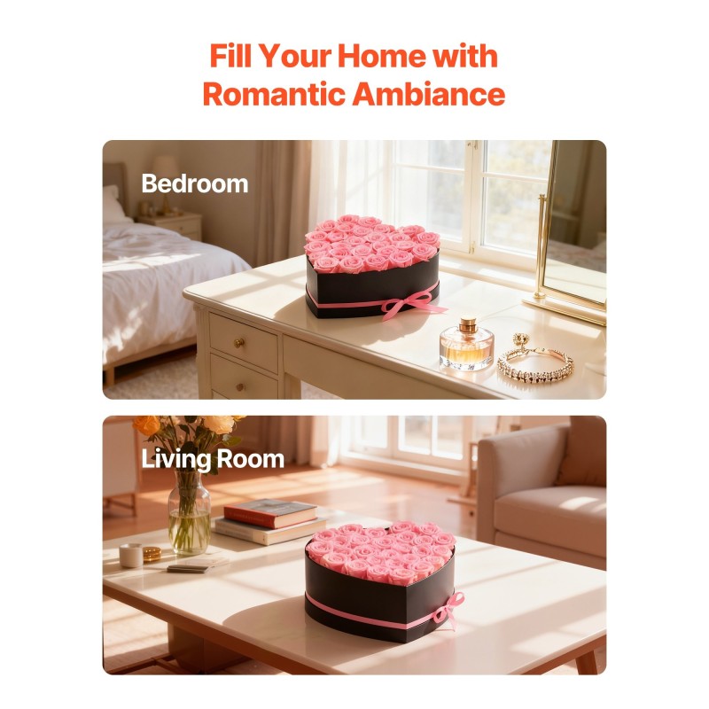 Sydämenmuotoinen pahvilaatikko 27 säilöttyä vaaleanpunaista ruusua