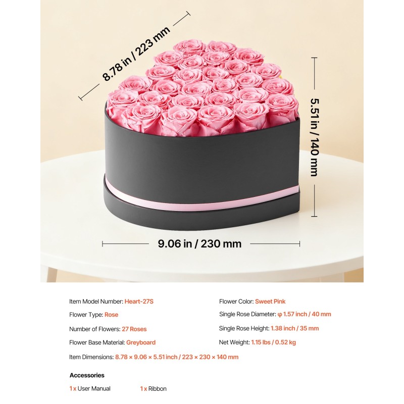Sydämenmuotoinen pahvilaatikko 27 säilöttyä vaaleanpunaista ruusua