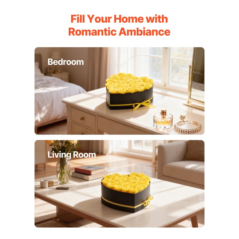 Sydämenmuotoinen pahvirasia 27 säilöttyä keltaista ruusua lahjaksi