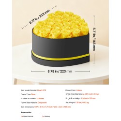 Sydämenmuotoinen pahvirasia 27 säilöttyä keltaista ruusua lahjaksi