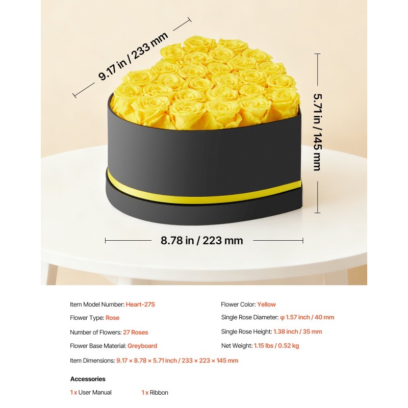 Sydämenmuotoinen pahvirasia 27 säilöttyä keltaista ruusua lahjaksi