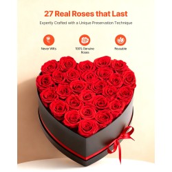 Säilötyt ruusut kaksikymmentäseitsemän kappaletta sydämenmuotoisessa kartonkirasiassa kirkkaanpunainen