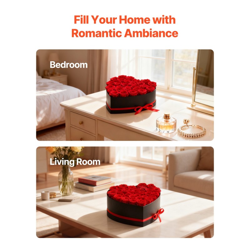 Säilötyt ruusut kaksikymmentäseitsemän kappaletta sydämenmuotoisessa kartonkirasiassa kirkkaanpunainen