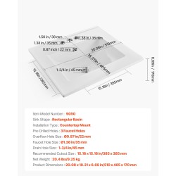 Keraaminen puolitasoon upotettava pesuallas 510 x 465 mm valkoinen kolmella hanareiällä